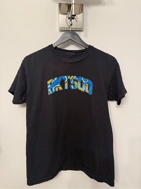 Black Short Sleeve Kids Tee with Blue & Yellow Graphic
